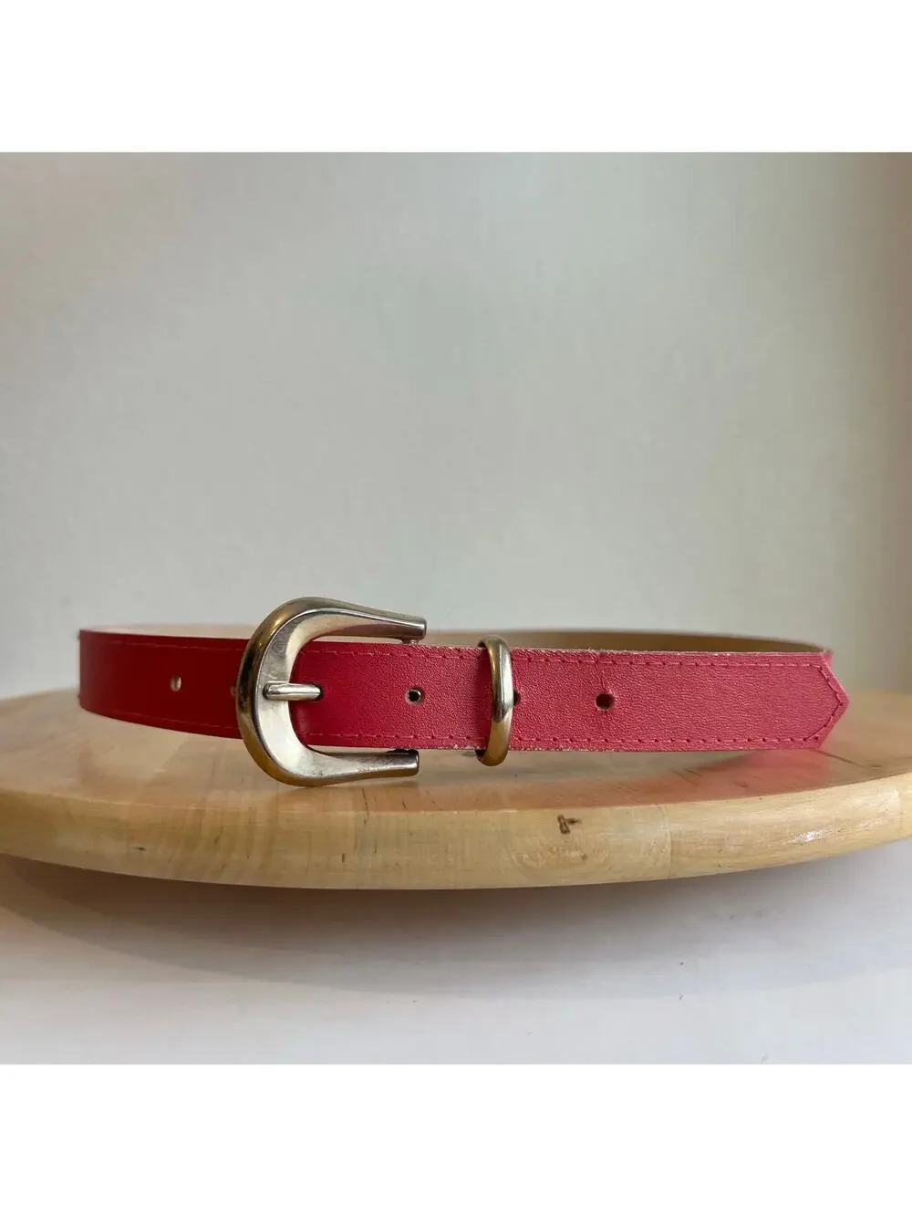 Vintage 90s Pink Vegan Leather Gold Silver Buckle Belt Size Small